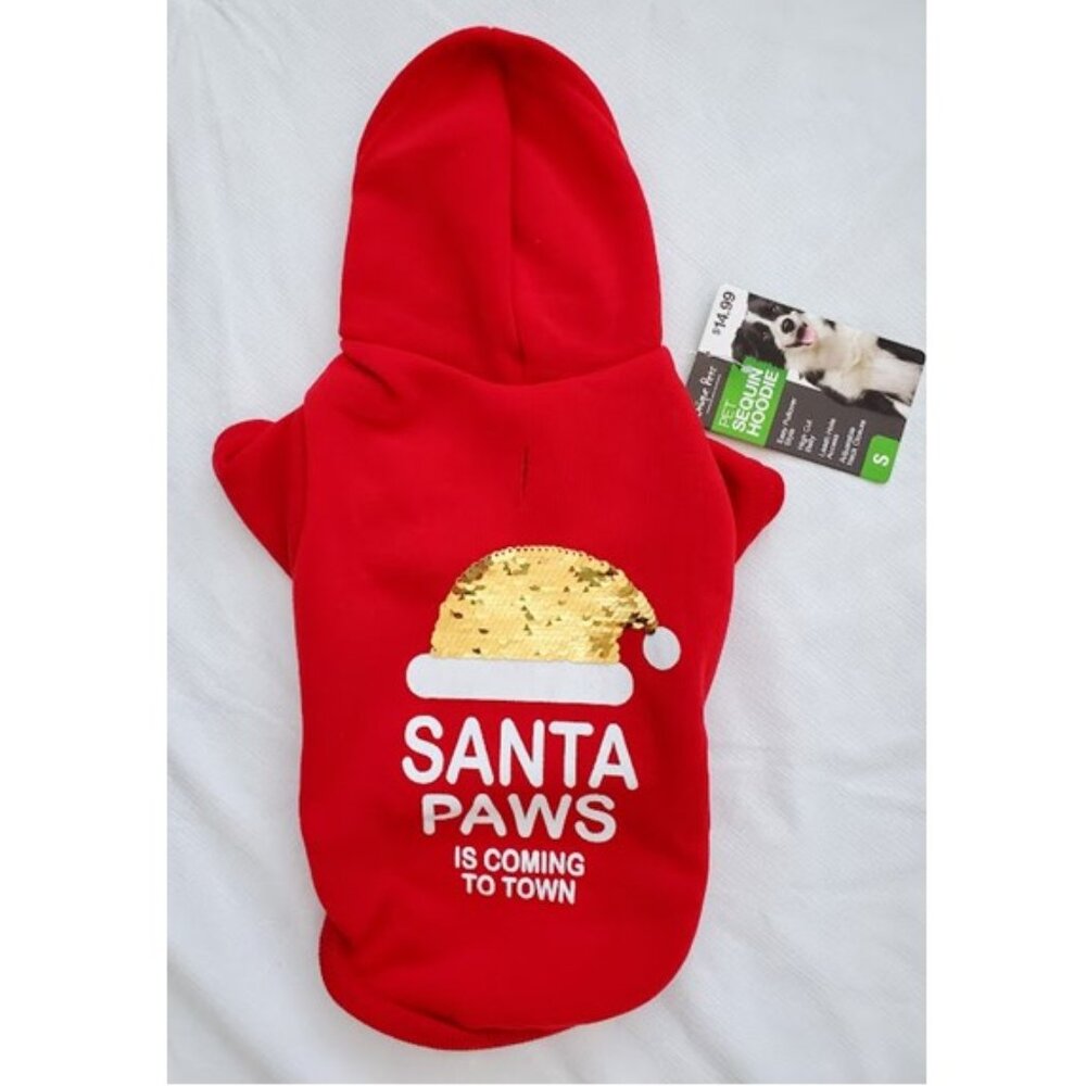 NWT Christmas Santa Paws Dog Hoodie Red Pet Sequin Sweater Size S Festive Cozy